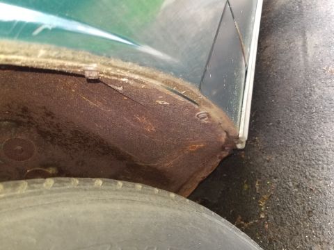 2001 Ford Crown Victoria - Close-up view of the rusted rear wheel well of a green vehicle, with a tire visible in the foreground.
