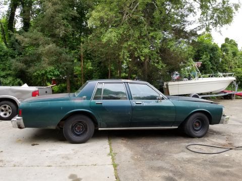 2001 Ford Crown Victoria - Side view of a green sedan parked outdoors with trees and a boat in the background.
