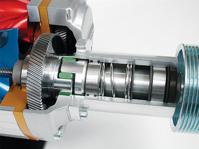 Cutaway view of a supercharger with gears and pistons visible