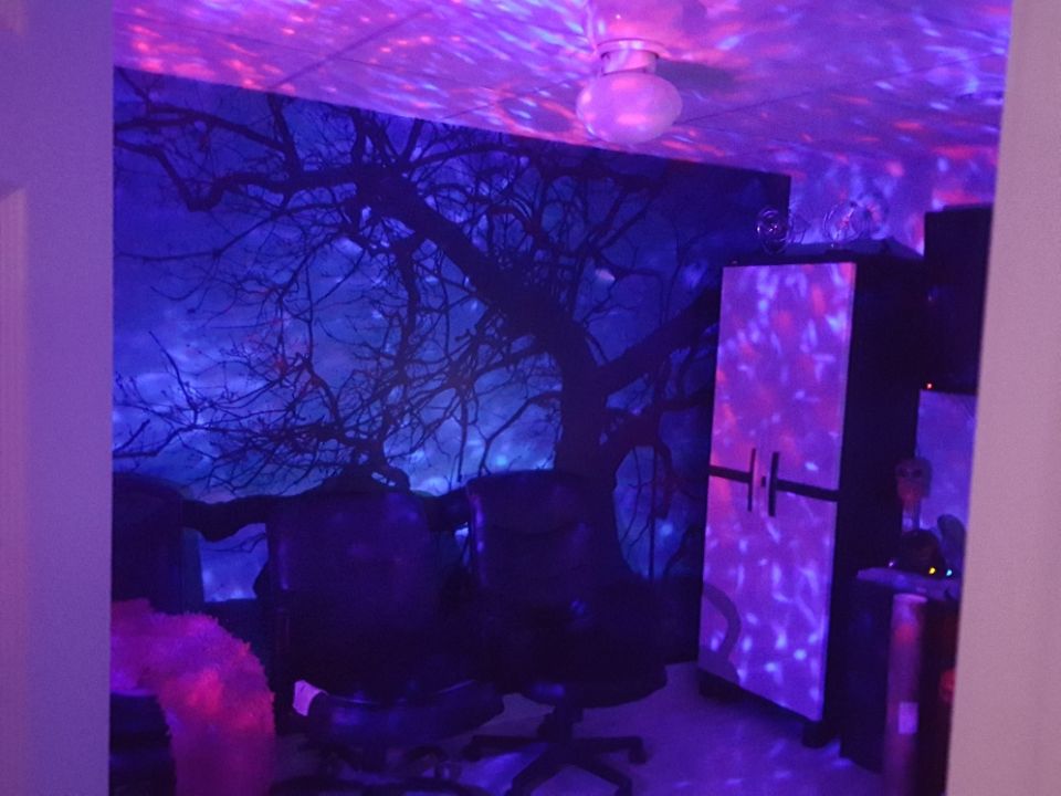 Dimly lit room with spooky tree mural, purple and pink light patterns from ceiling fan.