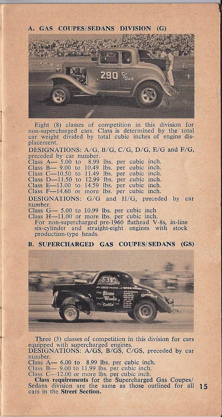 Scanned rulebook page 15 listing drag racing Gas Coupes/Sedans competition class weight designations