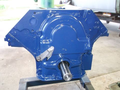 1969 Ford Mustang - A freshly painted blue engine block sits on a stand, ready for assembly.