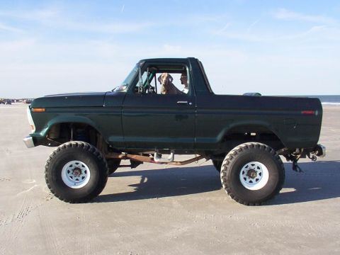1993 Ford Bronco - A lifted 1978 Ford Bronco is parked on the sand with a dog and driver visible through the windows.
