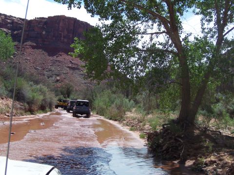 1984 Ford Bronco - A convoy of off-road vehicles navigates a wet, rocky path through a canyon landscape.