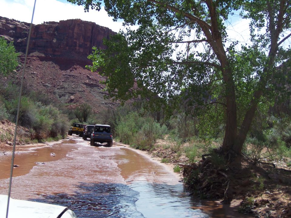 Several SUVs drive down a muddy riverbed with red rock cliffs and trees on either side
