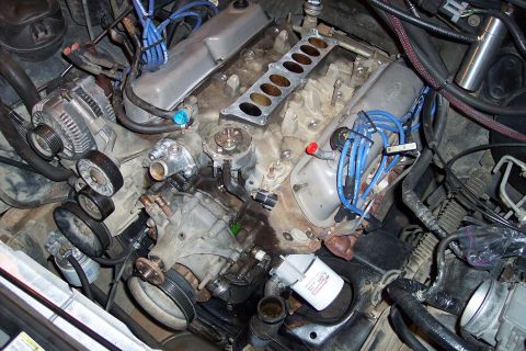 1995 Ford Bronco - Close-up view of the engine bay in a 1995 Ford Bronco, highlighting the V8 engine and associated components.