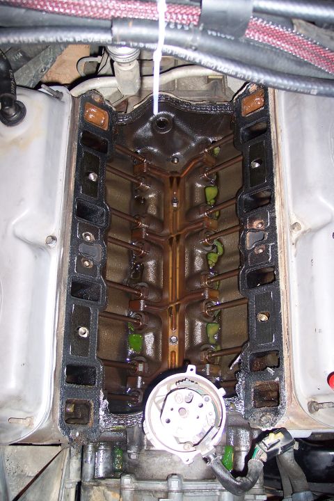 1995 Ford Bronco - Close-up view of an engine's intake manifold ports after removal, revealing internal components and potential fluid residue.