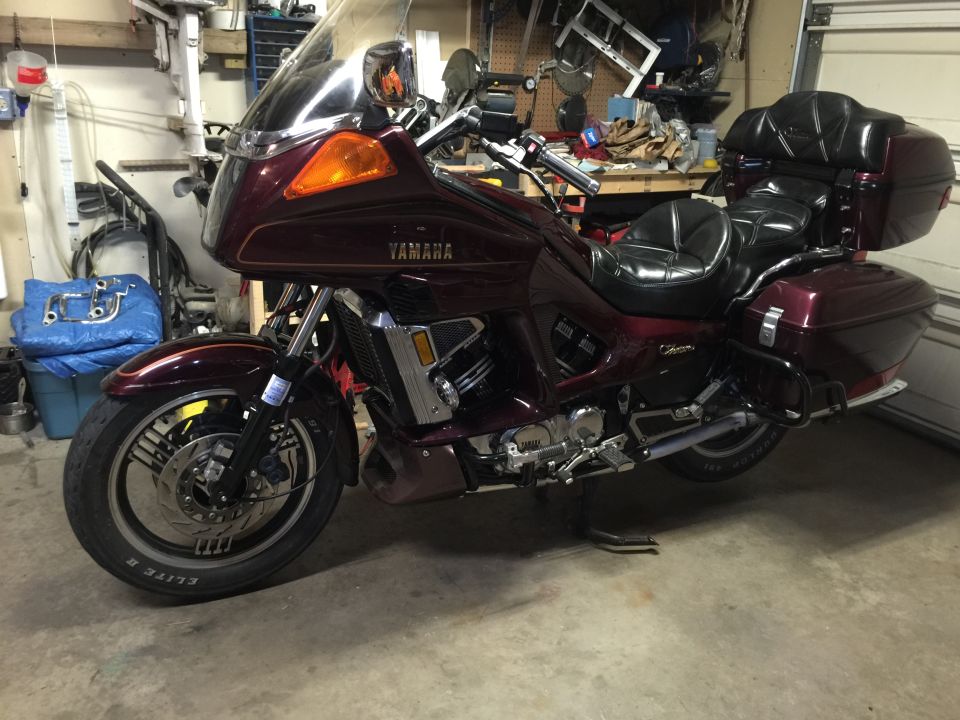 1983 Yamaha Venture motorcycle in maroon with saddlebags and windshield