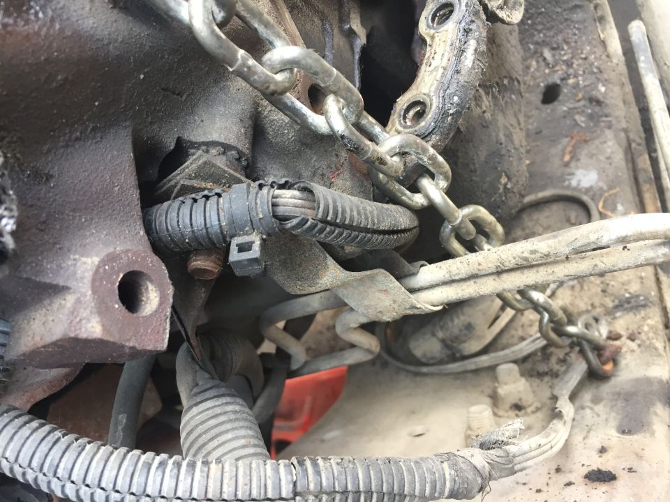 Engine block with chains and wiring harness. Some red visible underneath