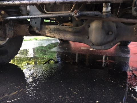 1996 Ford Bronco - Close-up view of the undercarriage, focusing on the rear differential and suspension system of an unidentified vehicle.