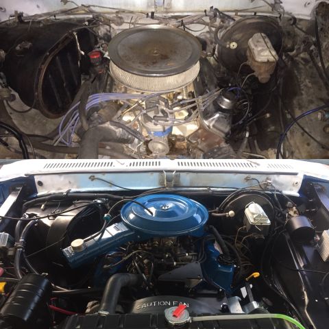 1978 Ford Bronco - Split image comparing two V8 engine bays, one with chrome air cleaner and one with a blue painted air cleaner.