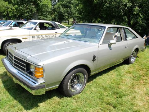 1971 Ford Ranchero - A silver coupe with an eagle decal is parked on grass next to a white car with 'OFFICIAL PACE CAR' text.