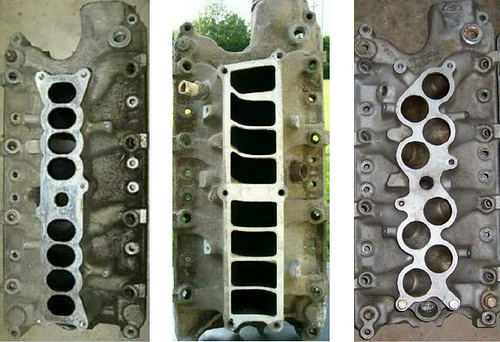 Three intake manifold parts shown side-by-side