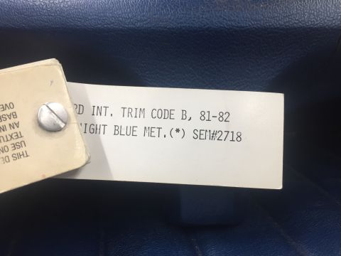 1978 Ford Bronco - Typed paint spec tag for Ford interior trim code B, 1981-82 night blue metallic, SEM #2718.