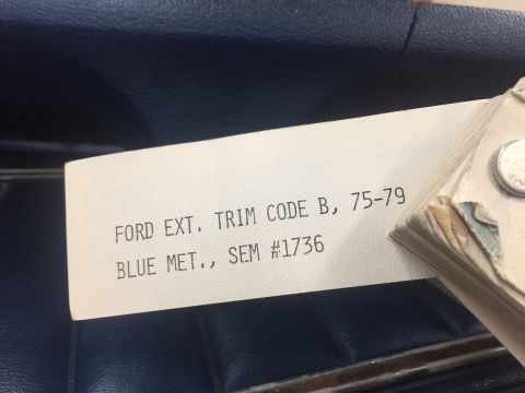 1978 Ford Bronco - Typed paint spec tag identifying Ford exterior trim code B, 1975-79 blue metallic, SEM #1736.