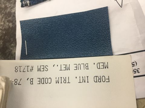 1978 Ford Bronco - Ford interior trim code B paint spec tag for medium blue metallic (SEM #1718) shown with matching color swatch.
