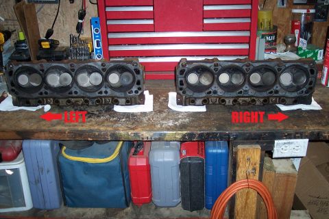 1995 Ford Bronco - Engine cylinder heads are shown on a workbench, with labels indicating left and right sides.