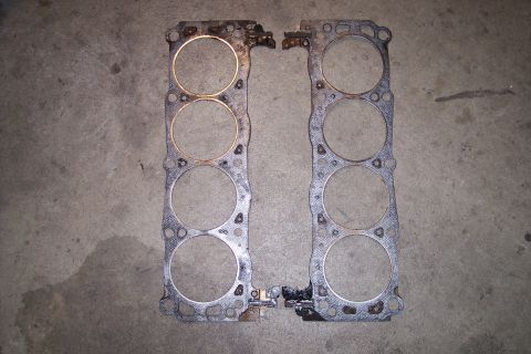 1995 Ford Bronco - Pair of used engine cylinder head gaskets laid out on a concrete floor.