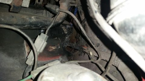 1985 Ford Bronco - Close-up of a damaged engine wiring harness showing melted insulation and connectors.