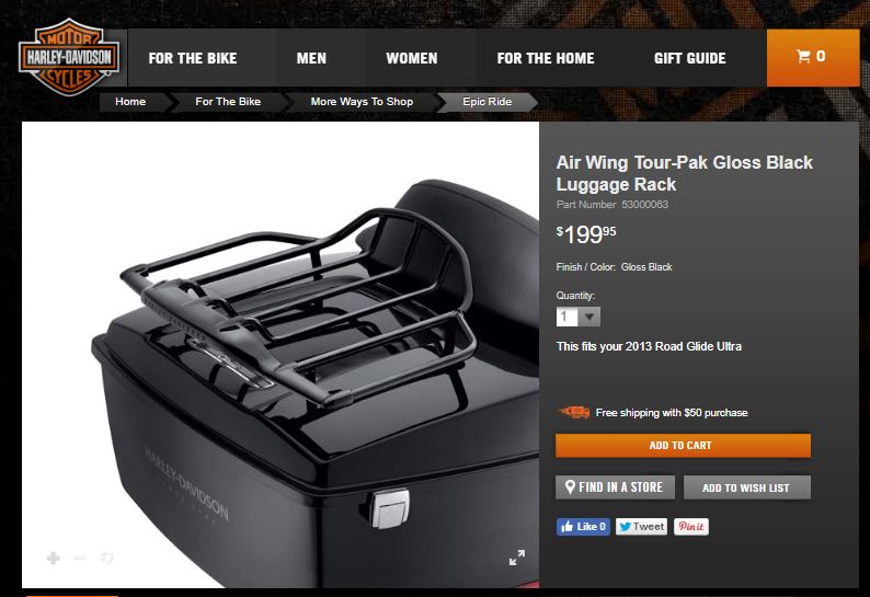 Harley-Davidson web page showing Air Wing Tour-Pak gloss black luggage rack on a black Tour-Pak trunk, $199.95