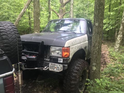 1989 Ford Bronco - This Ford Bronco, likely from the late 1980s, is off-roading in a wooded area.