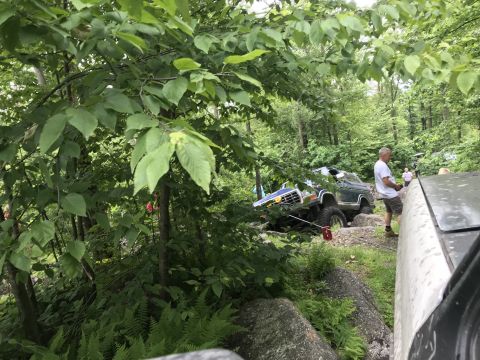 1989 Ford Bronco - An off-road vehicle is maneuvering through a rocky trail surrounded by dense foliage.