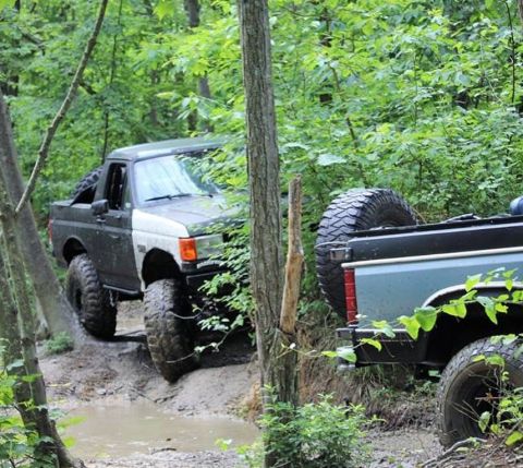1989 Ford Bronco - Two off-road trucks are shown driving through a wooded area with muddy terrain.
