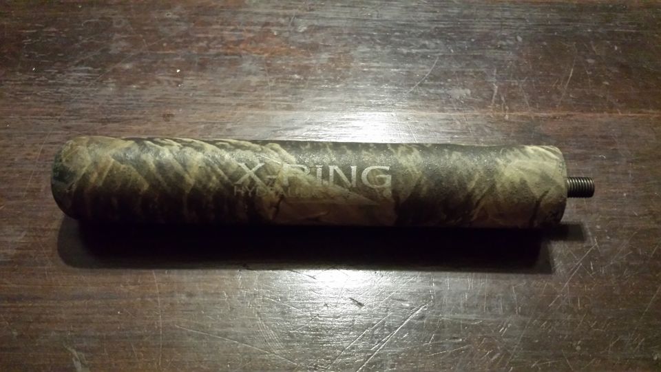 Camo-patterned cylinder with 'X-RING' text and threaded bolt