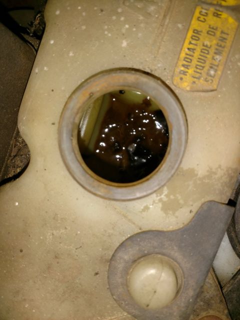1989 Ford Probe — Close-up of a dirty car coolant reservoir with dark fluid and a warning sticker.