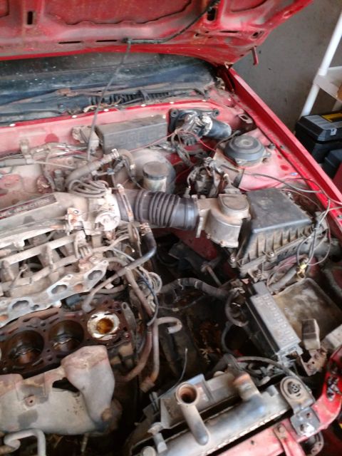 1989 Ford Probe - The engine bay of a red car is shown with the hood open. The engine components, including the cylinder head, radiator, and various hoses an…