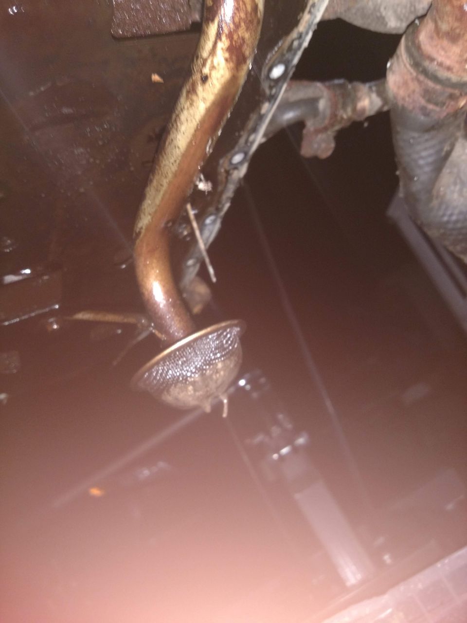 Vehicle oil pickup tube and screen assembly covered in oil.