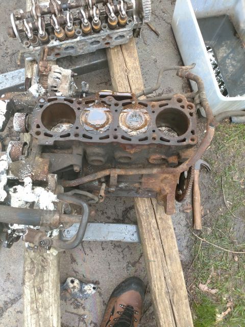 1989 Ford Probe - A disassembled engine block rests on wooden supports outdoors. Visible parts include the cylinder head, pistons, and various hoses and meta…