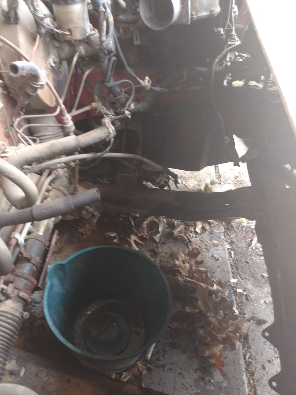 Engine bay with hoses, wires, and a bucket on the ground.
