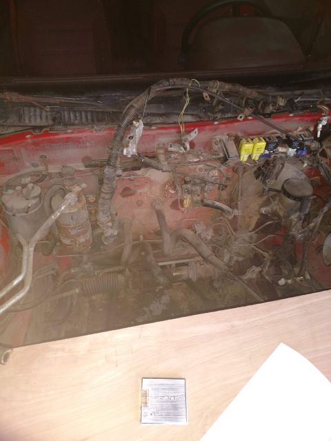 1989 Ford Probe - A close-up view of a red car's engine bay, showing various hoses, wires, and electrical components. A small silver device with a level bubb…