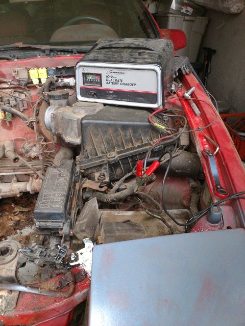 1989 Ford Probe - A Schumacher 10/2 Amp dual rate battery charger is connected to the engine bay of a red car. The fuse box and various engine components are…