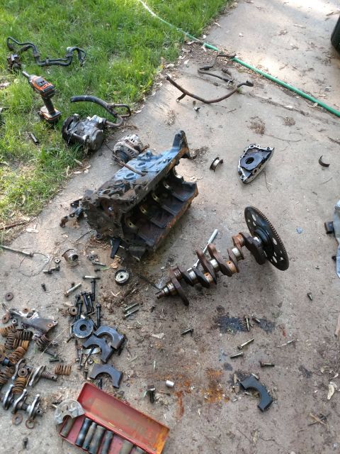 1989 Ford Probe - A disassembled engine block, crankshaft, and various engine parts are laid out on a concrete surface next to a grassy area.