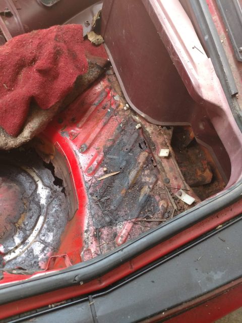 1989 Ford Probe - The interior of a vehicle's trunk area shows significant rust and damage to the floor pan, with a red carpet remnant visible on the left.