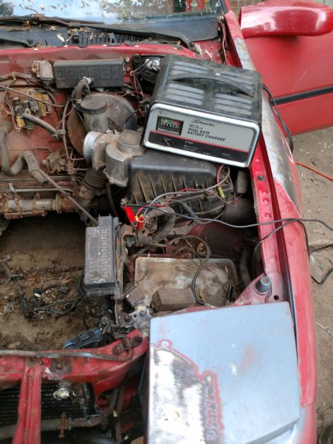 1989 Ford Probe - A red car's engine bay is shown with a battery charger connected, revealing significant rust and disarray.