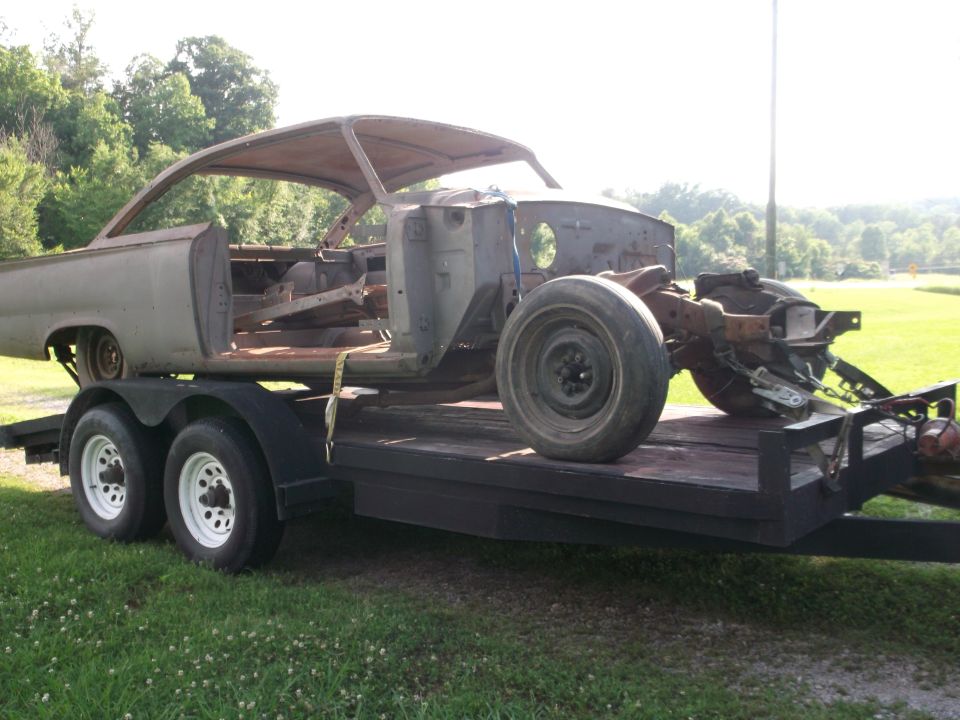1961 Ford Starliner body on trailer, 3q-front view, gray