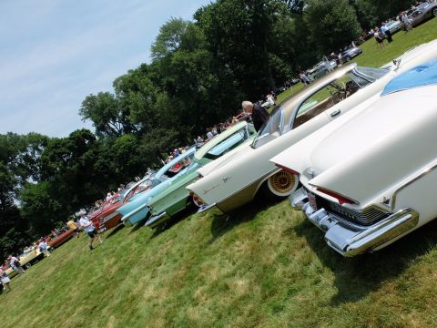 1971 Ford Ranchero - A row of vintage automobiles are displayed on a sunny day at an outdoor car show.