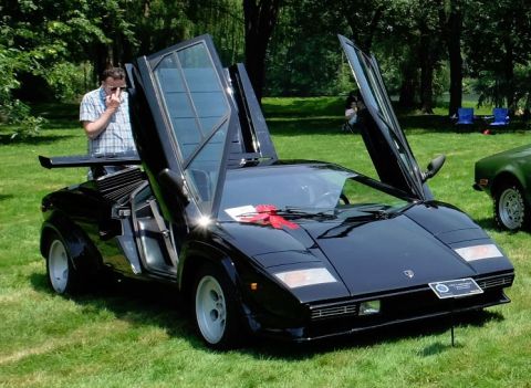 1971 Ford Ranchero - A black Lamborghini Countach is displayed with its iconic scissor doors open on a grassy lawn.