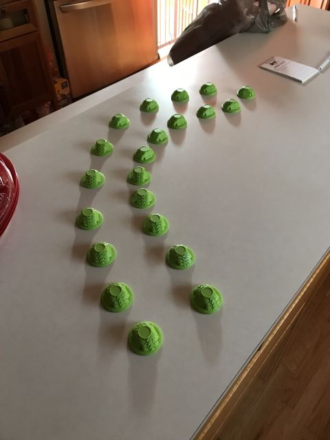 1989 Ford Bronco - A collection of green bottle caps are laid out in a curved pattern on a light-colored countertop.