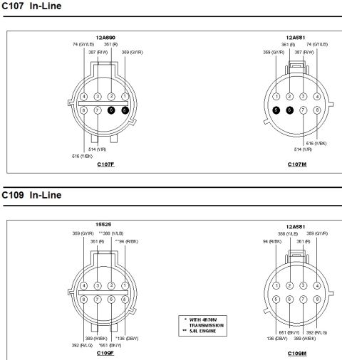 1996 Ford Bronco - Electrical connector pinout diagrams for in-line connectors C107 and C109 showing terminal numbering and wire color assignments.