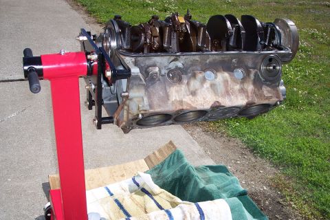 1995 Ford Bronco - Engine block on a stand, ready for rebuild or inspection.