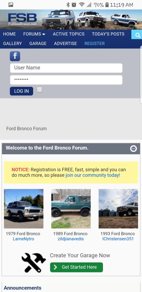 1995 Ford Bronco - A screenshot of the Ford Bronco forum displays login fields and thumbnails of various Ford Broncos.
