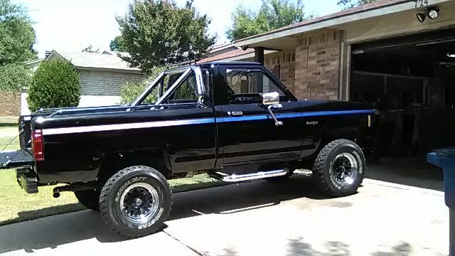 Black pickup truck with roll bar and blue stripe detail parked in driveway