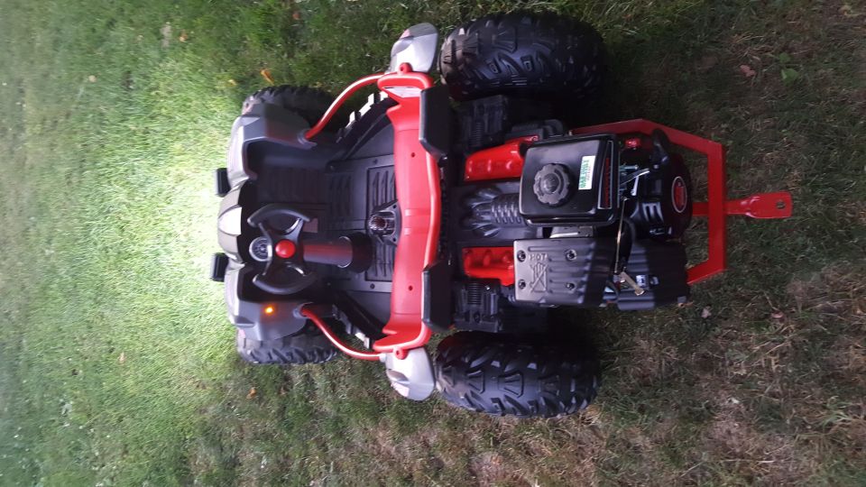 Go-kart with exposed engine and red frame, sitting on grass