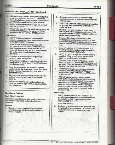 1996 Ford Bronco - Page from a service manual with instructions for exterior trim and molding installation.
