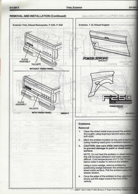 1996 Ford Bronco - This document details the removal and installation of exterior trim and emblems for Ford F-250 and F-350 trucks.