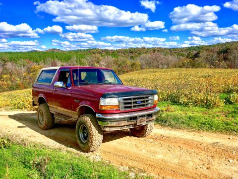 1995 Ford Bronco - 1995 Ford Bronco on a dirt road, with a field and trees under a cloudy sky.